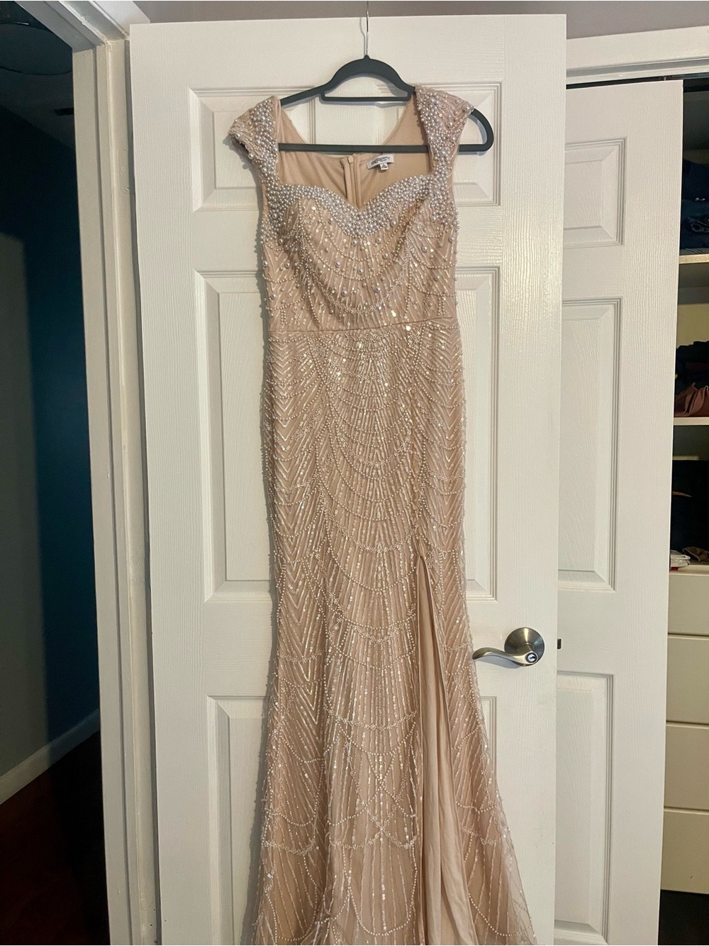 Beaded Nude Formal Evening Gown - Women's Prom Dress